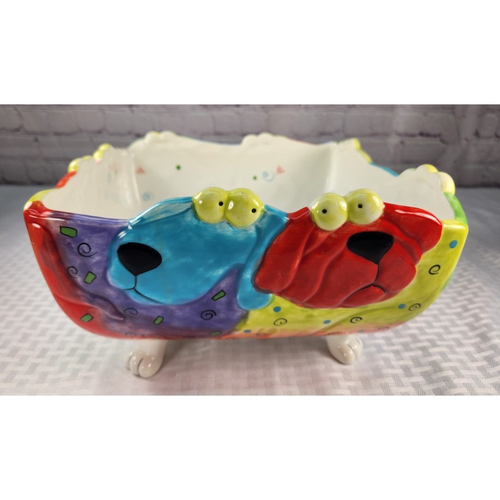 Whimsical Dogs Footed Serving Bowl Studio Design Works Hand Painted FUN PARTY